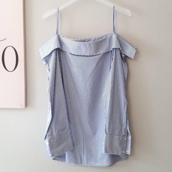 EUC Unknown brand white & blue stripe cotton blouse with statement neckline - Picture 6 of 8